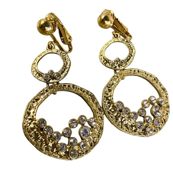 Art Deco Earrings Dangle Drop Clip-on Gold Tone Clear Rhinestones Gypsy Boho - Picture 1 of 16